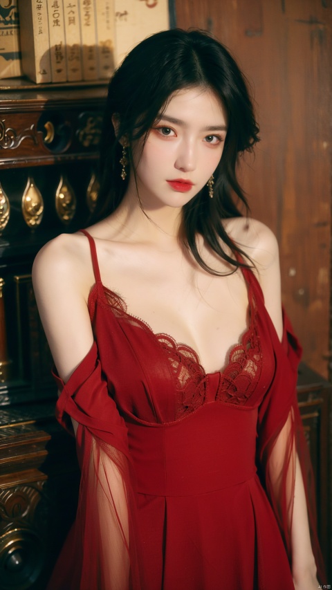  sdmai, hongchen, 1girl, solo, (One shoulder lace dress:1.1),lace dress, purple dress, black hair, realistic, breasts, jewelry, earrings, looking at viewer, bare shoulders,(big breasts:1.79),(full breasts:1.6)