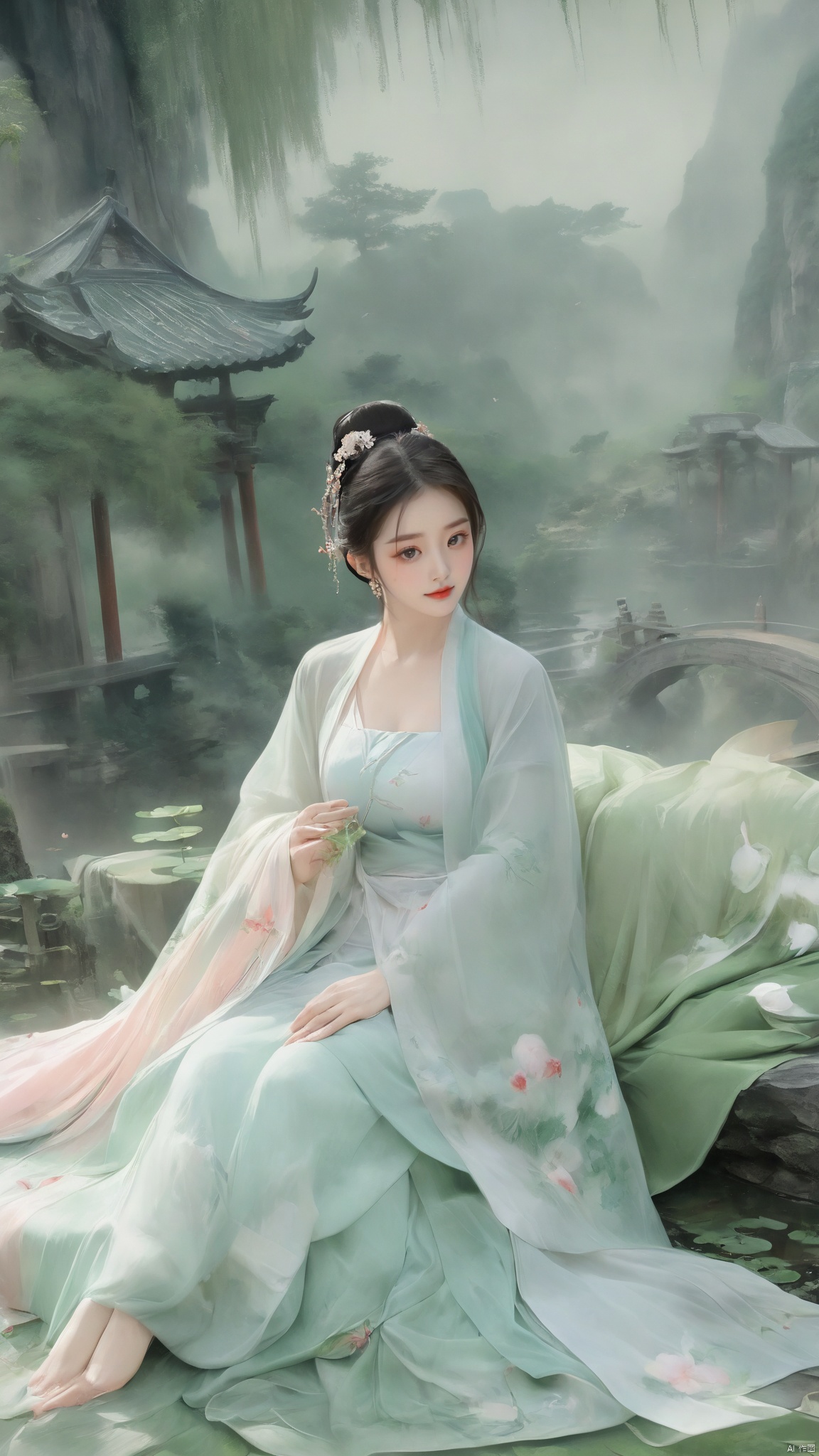  ((1girl)),solo,lying on back on bamboo mat bed in garden,paper fan,thin hanfu,foggy,(curtain),(bamboo forest),(huge breasts:1.88),(Spread your legs and expose your vagina:1.55),tiles roof,light green and white,off shoulders,chinese painting,gongbi style,water_color,(grapevineman:1.4),(huge breasts:2),(trees, artificial mountain, green lotus leaves,light pink lotus flowers),koi,wooden windows,doors,bed,stone,trandional architecture,temple,tower,wall,chinese garden,long hair,full body,bangs,(huge breasts:2.2),(masterpiece, Extremely detailed, best quality, highres:1.2),(ultra_detailed, UHD:1.2),soft smile,huyefo,1girl,see-through,(huge breasts:2.3),,*****,bsp,daxiushan,daxiushan style,