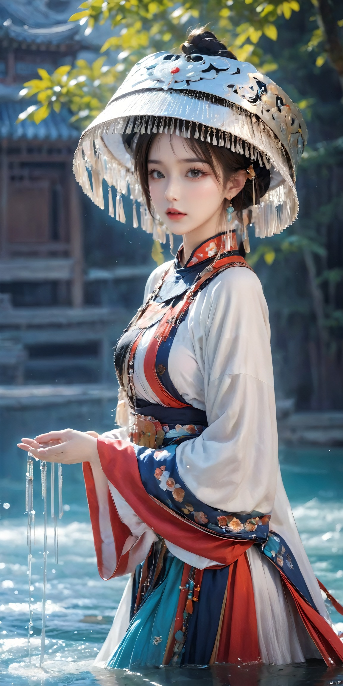  1girl,(Dynamic Pose:1.5),Chinese Yi ethnic clothing,Silver metal headwear, capelet, earrings, jewelry,A huge metal hat,Headwear metal tassels,Silver metal hat, lips, long sleeves, short hair, solo, water, wide sleeves, 1girl,(big breasts:1.39)