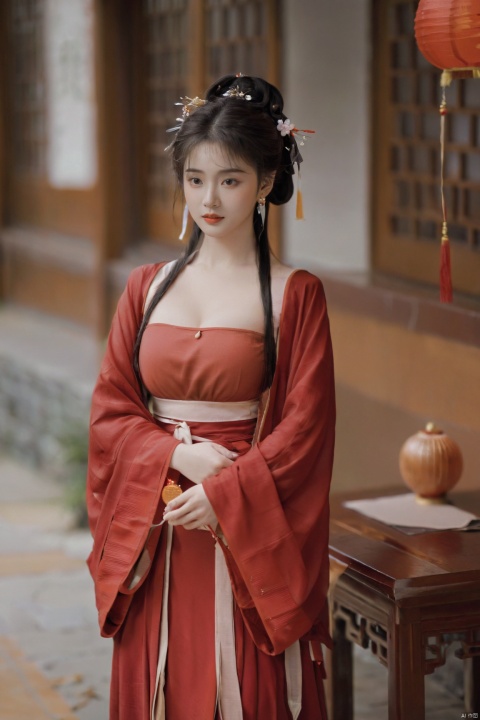  (masterpiece, top quality, best quality, official art, beautiful and aesthetic:1.2),gf-hd, 1girl, solo, hair ornament, jewelry,hanfu dress, red dress, earrings, chinese clothes, brown hair, ribbon, hanfu, red ribbon, shawl, song_hanfu,(big breasts:1.39), monkren