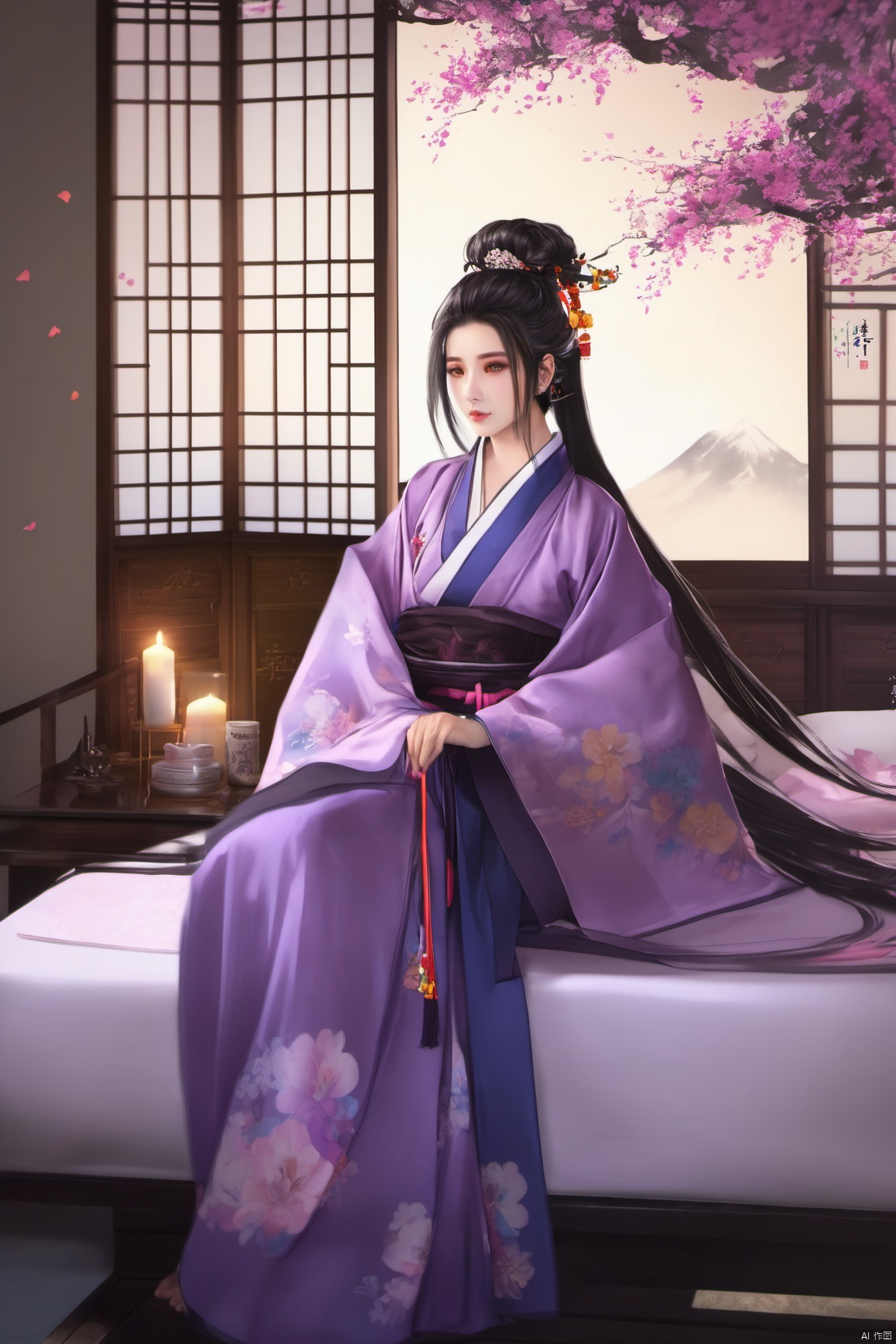  1girl, solo, long hair, black hair,Hairpins,necklace, hair ornament, dress, full body, flower, earrings, indoors, hair bun, (purple dress),(Tube top Hanfu long skirt:1.1), pillow, bed, night, chinese clothes, table, branch,(huge breasts:1.69), (full breasts:1.59)
