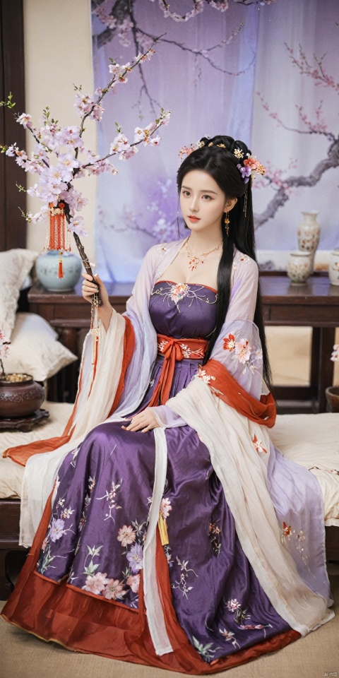  1girl, solo, long hair, black hair,Hairpins,necklace, hair ornament, dress, full body, flower, earrings, indoors, hair bun, (purple-red-white dress),(Tube top Hanfu long skirt:1.1), pillow, bed, night, chinese clothes, table, branch,daxiushan, ,daxiushan style,(huge breasts:1.6), (full breasts:1.39), realistic,hanfu, daxiushan,Shoulders are exposed, , daxiushan, arien_hanfu, FilmGirl