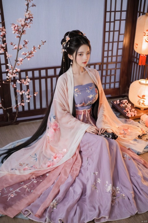  1girl, solo, long hair, black hair,Hairpins,necklace, hair ornament, dress, full body, flower, earrings, indoors, hair bun, (Laser color dress),(Tube top Hanfu long skirt:1.1), pillow, bed, night, chinese clothes, table, branch,daxiushan, ,daxiushan style,(huge breasts:1.99), (full breasts:1.59), realistic,hanfu, daxiushan,Shoulders are exposed, , daxiushan, arien_hanfu, FilmGirl
