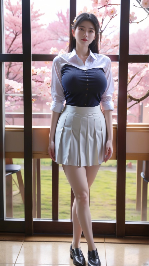  Best quality,masterpiece,1girl,(business shirt:1.2), (huge breasts:1.49),(Tie:1.1), (Exposed thighs:1.3), (mini skirt:1.3),(pleated skirt:1.3),1 girl,(Cherry blossoms in front of the classroom window:1.39),(huge breasts:1.6),Warm sunshine, blackboard, podium,