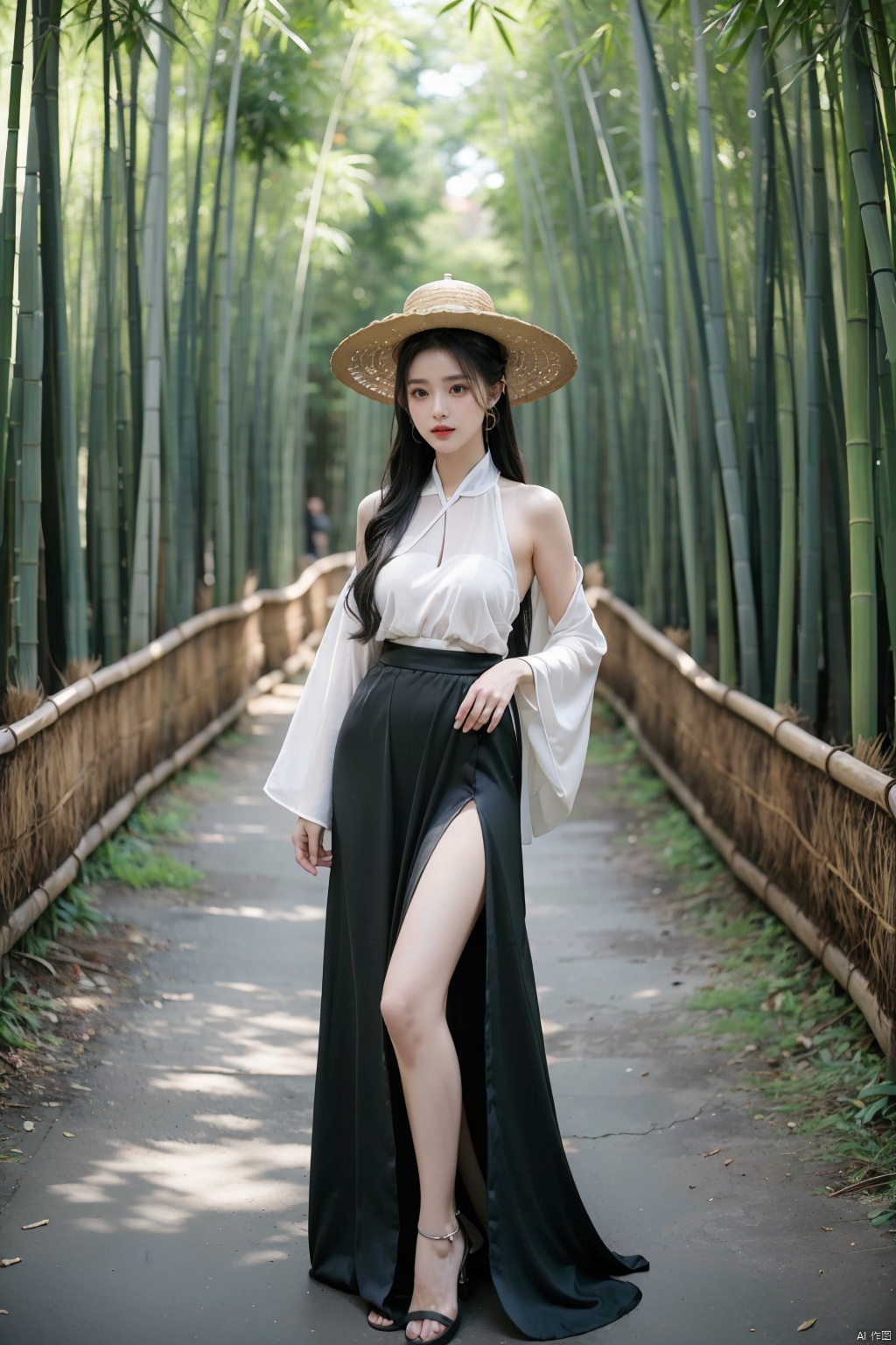  (masterpiece), (highest quality), ultra-high resolution,1girl, long hair, (high-waistskirt),golden earring, (bamboo hat),(side slit:1.3).Bamboo forest, standing, song_hanfu, tang_hanfu, hanfu