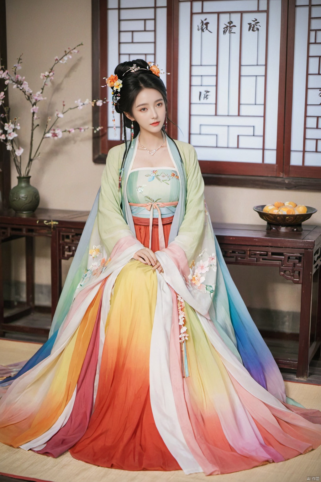  1girl, solo, long hair, black hair,Hairpins,necklace, hair ornament, dress, full body, flower, earrings, indoors, hair bun, (Seven-color rainbow gradient color dress),(Tube top Hanfu long skirt:1.1), pillow, bed, night, chinese clothes, table, branch,daxiushan, ,daxiushan style,(huge breasts:1.99), (full breasts:1.59), realistic,hanfu, daxiushan,Shoulders are exposed, , daxiushan, arien_hanfu, FilmGirl