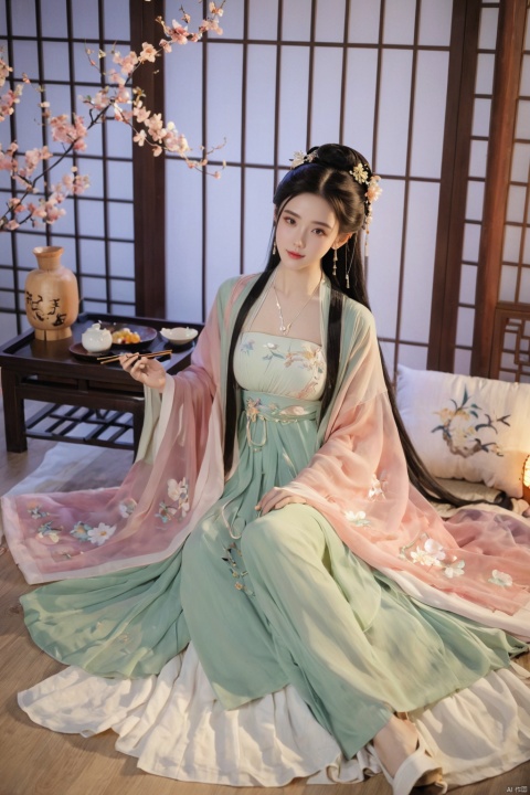  1girl, solo, long hair, black hair,Hairpins,necklace, hair ornament, dress, full body, flower, earrings, indoors, hair bun, (black dress),(Tube top Hanfu long skirt:1.1), pillow, bed, night, chinese clothes, table, branch,daxiushan, ,daxiushan style,(huge breasts:1.99), (full breasts:1.59), realistic,hanfu, daxiushan,Shoulders are exposed, , daxiushan, arien_hanfu, FilmGirl