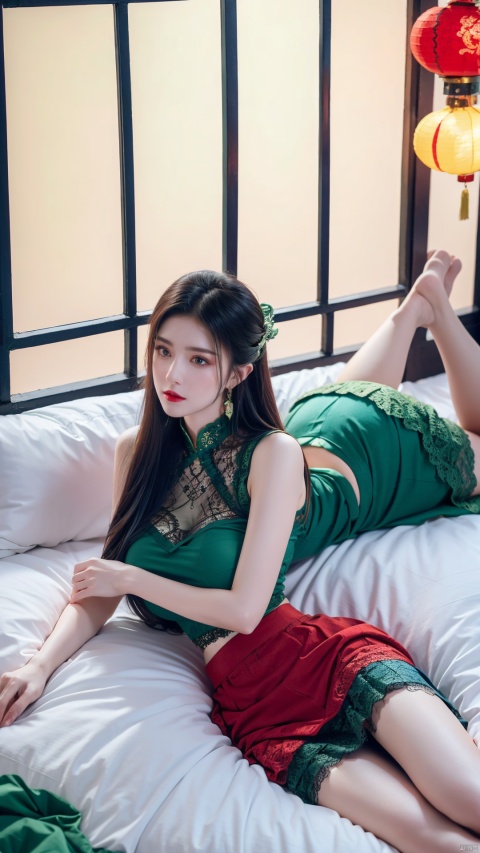  1girl, (Lace red|blue|green skirt:1.45), on Stomach, lying down, bed,aqua_earrings,Lights, lanterns, chang,(big breasts:1.49),hanfu, antique cheongsam, Chinese round fans,