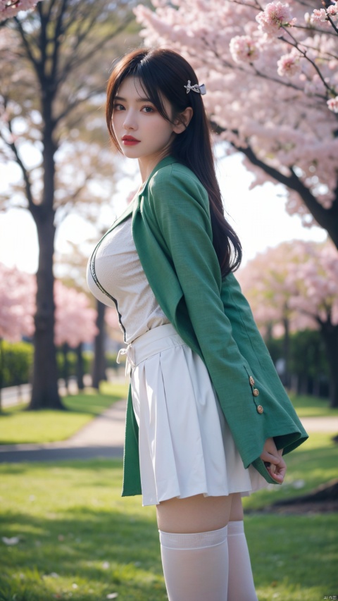  1girl,eye contact,sunlight,(green JK_suit:1.2),JK_style,(dark blue JK_skirt),standing,arms behindback,white thighhighs,unity 8k wallpaper,ultra detailed,beautiful and aesthetic,cherry blossoms,(depth of field:1.5),(black pantyhose),reality,high quality,highres,(big breasta:1.3)