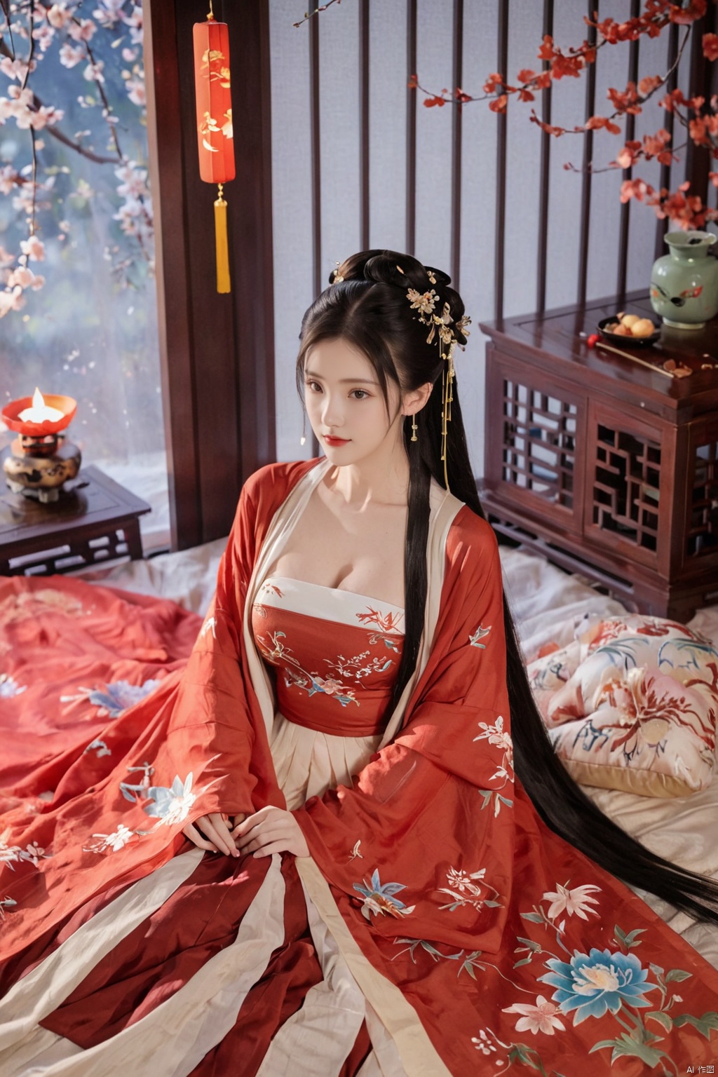  1girl, solo, long hair, black hair,Hairpins,necklace, hair ornament, dress, full body, flower, earrings, indoors, hair bun, (red dress),(Tube top Hanfu long skirt:1.1), pillow, bed, night, chinese clothes, table, branch,daxiushan, ,daxiushan style,(huge breasts:1.99), (full breasts:1.59), realistic,hanfu, daxiushan,Shoulders are exposed, , daxiushan, arien_hanfu, FilmGirl