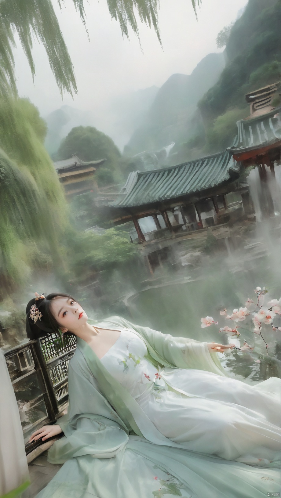  ((1girl)),solo,lying on back on bamboo mat bed in garden,paper fan,thin hanfu,foggy,(curtain),(bamboo forest),(huge breasts:1.88),(Spread your legs and expose your vagina:1.55),tiles roof,light green and white,off shoulders,chinese painting,gongbi style,water_color,(grapevineman:1.4),(huge breasts:2),(trees, artificial mountain, green lotus leaves,light pink lotus flowers),koi,wooden windows,doors,bed,stone,trandional architecture,temple,tower,wall,chinese garden,long hair,full body,bangs,(huge breasts:2.2),(masterpiece, Extremely detailed, best quality, highres:1.2),(ultra_detailed, UHD:1.2),soft smile,huyefo,1girl,see-through,(huge breasts:2.3),,*****,bsp,daxiushan,daxiushan style,