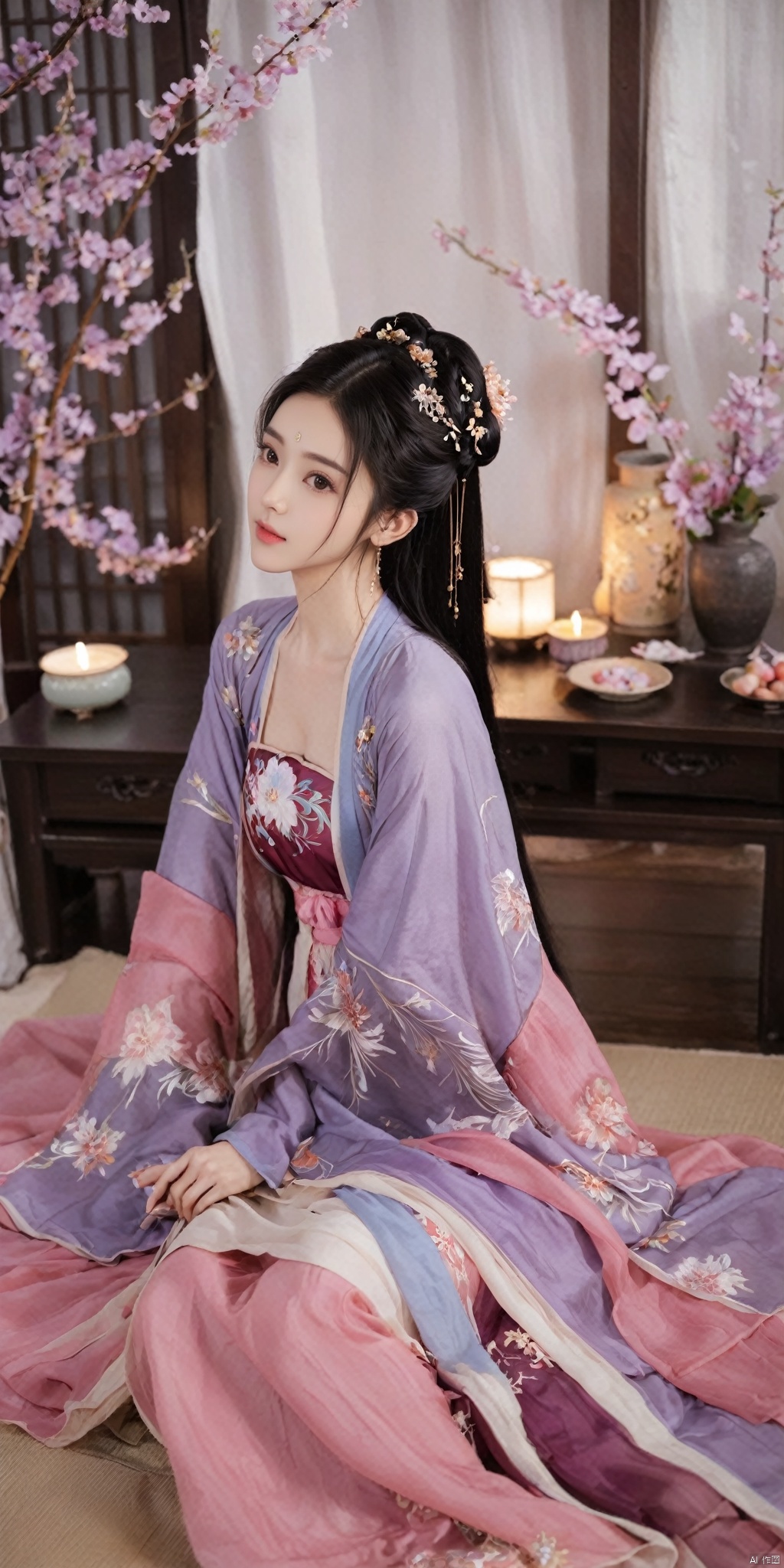  1girl, solo, long hair, black hair,Hairpins,necklace, hair ornament, dress, full body, flower, earrings, indoors, hair bun, (purple-pink dress),(Tube top Hanfu long skirt:1.1), pillow, bed, night, chinese clothes, table, branch,daxiushan, ,daxiushan style,(huge breasts:1.79), (full breasts:1.59), realistic,hanfu, daxiushan,Shoulders are exposed, , daxiushan, arien_hanfu, FilmGirl