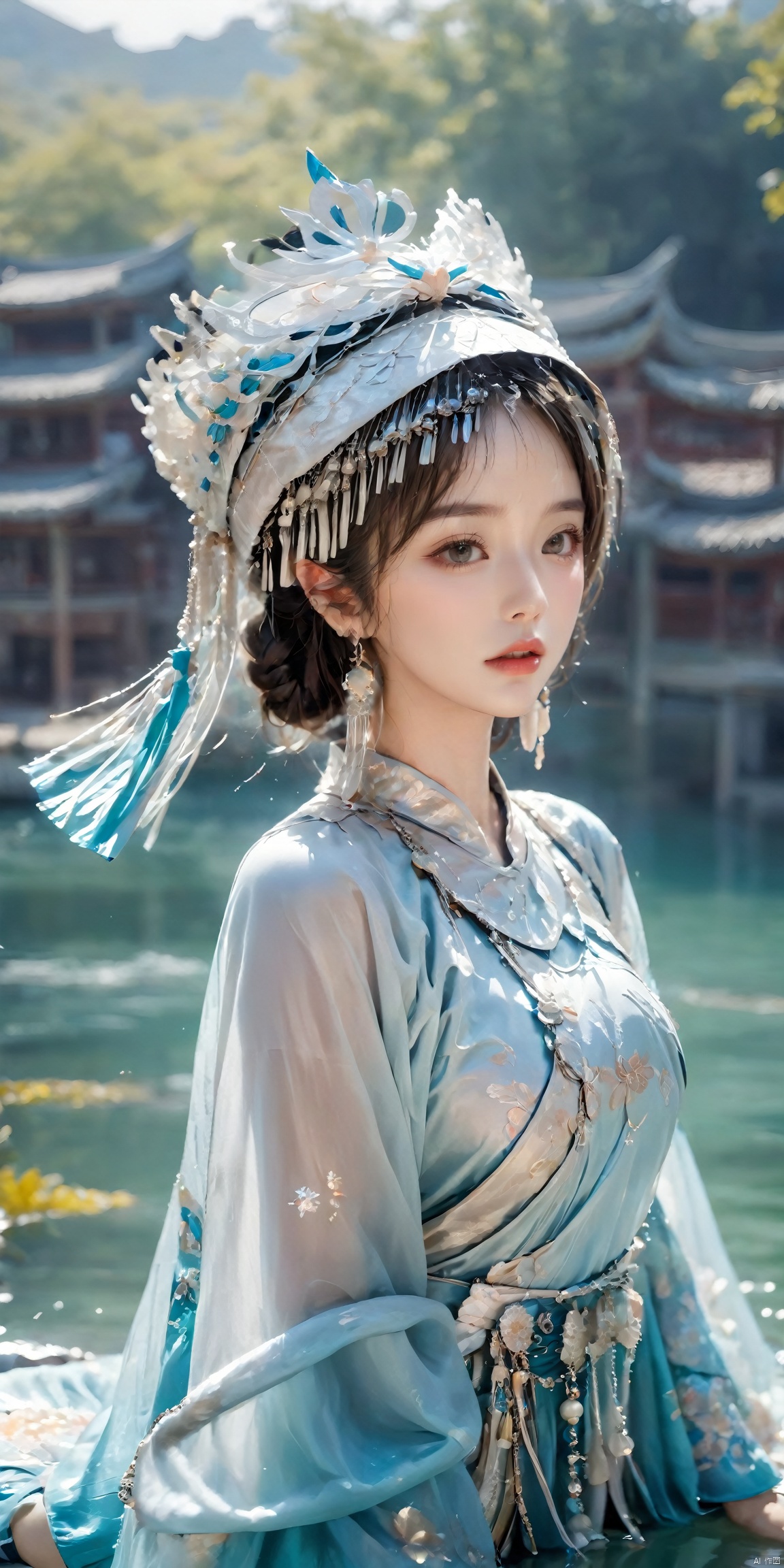  1girl,(Dynamic Pose:1.5),Chinese Yi ethnic clothing,Silver metal headwear, capelet, earrings, jewelry,A huge metal hat,Headwear metal tassels,Silver metal hat, lips, long sleeves, short hair, solo, water, wide sleeves, 1girl,(big breasts:1.59)