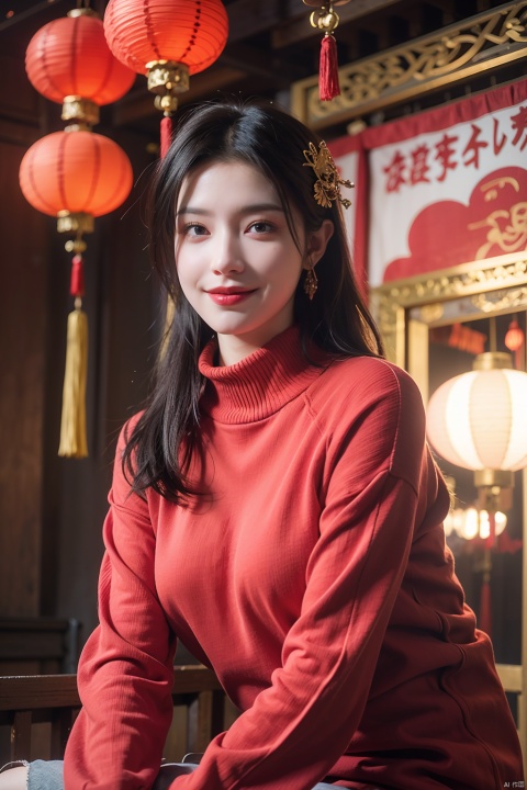  1girl,(solo:1.2),red sweater,sweater,sitting,grin,smile,chinese new year,jewelry,tassel,lantern,make up,hair ornament,(realistic,4K resolution,masterpiece,top quality,best quality,official art,beautiful and aesthetic),photorealistic,red background,paper lantern,eastern dragon