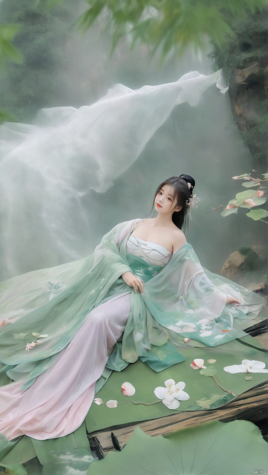  ((1girl)),solo,lying on back on bamboo mat bed in garden,paper fan,thin hanfu,foggy,(curtain),(bamboo forest),(huge breasts:1.88),(Spread your legs and expose your vagina:1.55),tiles roof,light green and white,off shoulders,chinese painting,gongbi style,water_color,(grapevineman:1.4),(huge breasts:2),(trees, artificial mountain, green lotus leaves,light pink lotus flowers),koi,wooden windows,doors,bed,stone,trandional architecture,temple,tower,wall,chinese garden,long hair,full body,bangs,(huge breasts:2.2),(masterpiece, Extremely detailed, best quality, highres:1.2),(ultra_detailed, UHD:1.2),soft smile,huyefo,1girl,see-through,(huge breasts:2.3),,*****,bsp,daxiushan,daxiushan style,