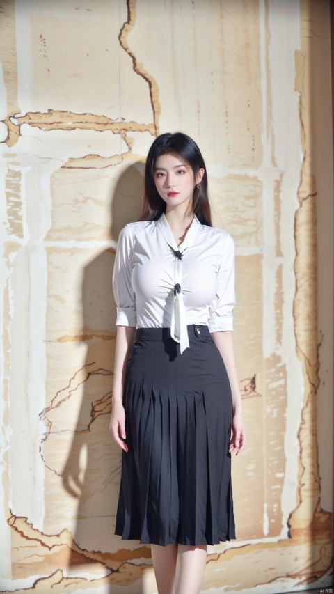  Best quality,masterpiece, 1girl,business shirt, (huge breasts:1.59)(Tie), (Exposed thighs:1.3), (mini skirt:1.3), (pleated skirt:1.3),1 girl,(The background is solid color wall:1.3),(huge breasts:1.69),Clothes Chinese landscape painting hanging on the wall,moyou