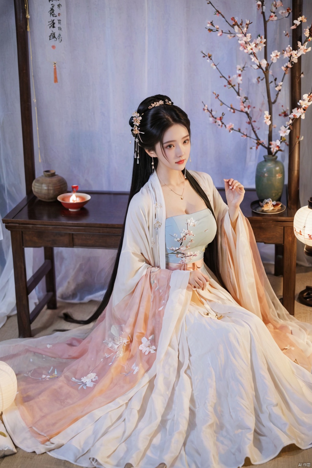  1girl, solo, long hair, black hair,Hairpins,necklace, hair ornament, dress, full body, flower, earrings, indoors, hair bun, (white dress),(Tube top Hanfu long skirt:1.1), pillow, bed, night, chinese clothes, table, branch,daxiushan, ,daxiushan style,(huge breasts:1.99), (full breasts:1.59), realistic,hanfu, daxiushan,Shoulders are exposed, , daxiushan, arien_hanfu, FilmGirl