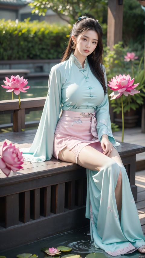  (1girl:1.1), (Lace green skirt:1.39), on Stomach,aqua_earrings,Lights, lanterns, chang,(big breasts:1.56),hanfu, Best quality, Realistic, photorealistic, masterpiece, extremely detailed CG unity 8k wallpaper, best illumination, best shadow, huge filesize ,(huge breasts:1.59) incredibly absurdres, absurdres, looking at viewer, transparent, smog, gauze, vase, petals, room, ancient Chinese style, detailed background, wide shot background,
(((black hair))),(Sitting on the lotus pond porch:1.49) ,(A pond full of pink lotus flowers:1.5),close up of 1girl,Hairpins,hair ornament,hair wings,slim,narrow waist,perfect eyes,beautiful perfect face,pleasant smile,perfect female figure,detailed skin,charming,alluring,seductive,erotic,enchanting,delicate pattern,detailed complex and rich exquisite clothing detail,delicate intricate fabrics,
Morning Serenade In the gentle morning glow, (a woman in a pink lotus-patterned Hanfu stands in an indoor courtyard:1.36),(Chinese traditional dragon and phoenix embroidered Hanfu:1.3), admiring the tranquil garden scenery. The lotus-patterned Hanfu, embellished with silver-thread embroidery, is softly illuminated by the morning light. The light mint green Hanfu imparts a sense of calm and freshness, adorned with delicate lotus patterns, with a blurred background to enhance the peaceful atmosphere,X-Yunxiao, Yunxiao_Fairy,X-ziling,Xlanlinge