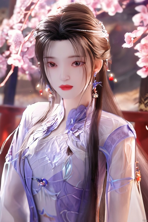  best quality,masterpiece,Xlimuwan,1girl,solo,very long hair,looking at viewer,jewelry,closed mouth,purple eyes,upper body,purple hair,earrings,blurry,blurry background,sunlight,red lips,(big breasts:1.29),Xcheongsam,X-ziling, Yunxiao_xianzi,hand