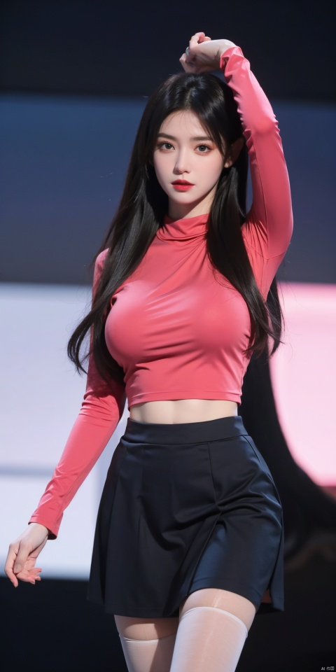  1girl,eye contact,sunlight,(pink JK_suit:1.2),JK_style,(dark blue JK_skirt),(Round-neck T-shirt:1.1),standing,arms behindback,white thighhigh,unity 8k wallpaper,ultra detailed,beautiful and aesthetic,(Fashion show runway:1.3),(depth of field:1.5),(black pantyhose),reality,high quality,highres,(big breasta:1.39)