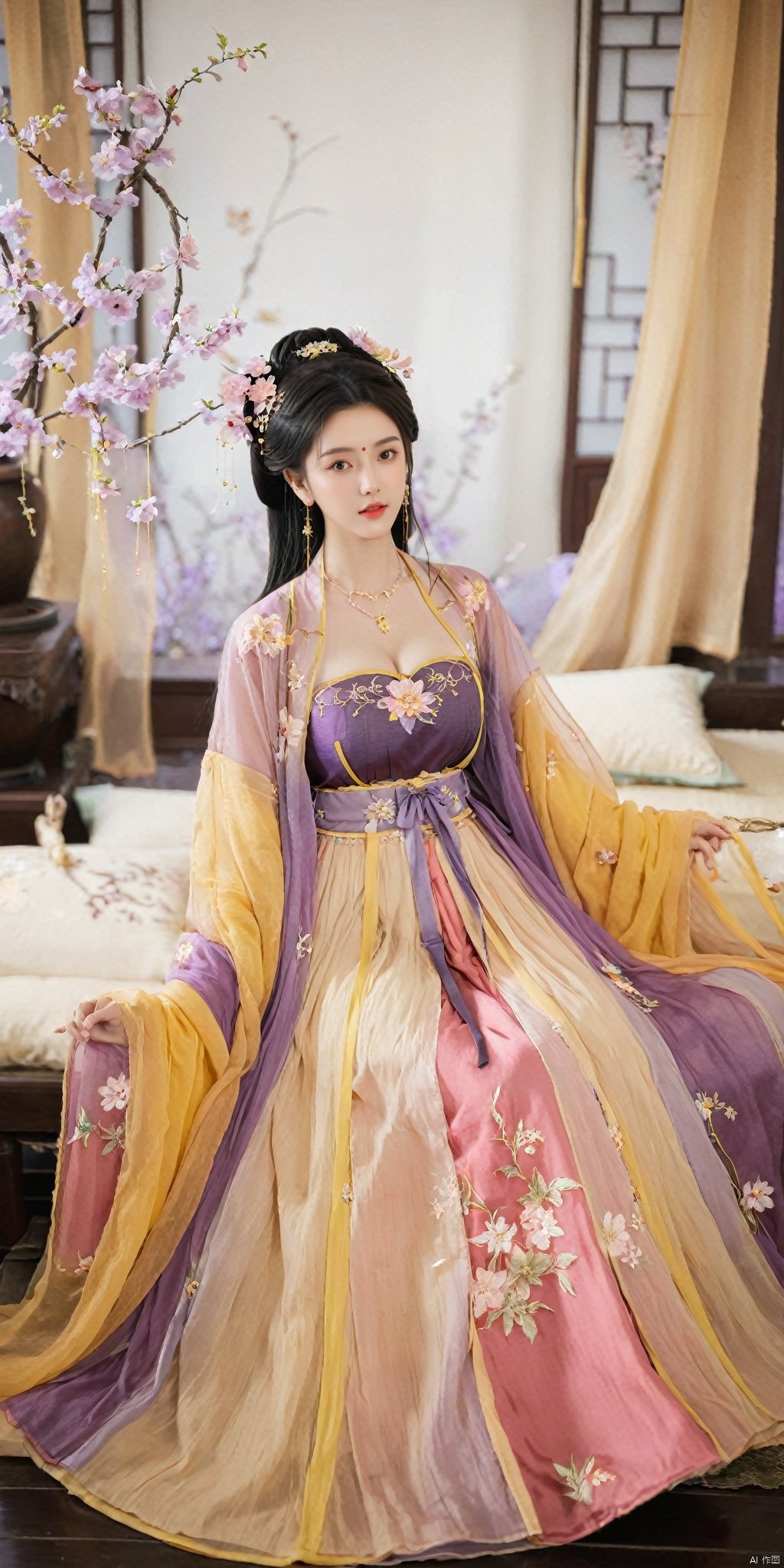  1girl, solo, long hair, black hair,Hairpins,necklace, hair ornament, dress, full body, flower, earrings, indoors, hair bun, (purple-pink-yellow dress),(Tube top Hanfu long skirt:1.1), pillow, bed, night, chinese clothes, table, branch,daxiushan, ,daxiushan style,(huge breasts:1.6), (full breasts:1.39), realistic,hanfu, daxiushan,Shoulders are exposed, , daxiushan, arien_hanfu, FilmGirl