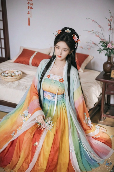  1girl, solo, long hair, black hair,Hairpins,necklace, hair ornament, dress, full body, flower, earrings, indoors, hair bun, (Seven-color rainbow gradient color dress),(Tube top Hanfu long skirt:1.1), pillow, bed, night, chinese clothes, table, branch,daxiushan, ,daxiushan style,(huge breasts:1.99), (full breasts:1.59), realistic,hanfu, daxiushan,Shoulders are exposed, , daxiushan, arien_hanfu, FilmGirl