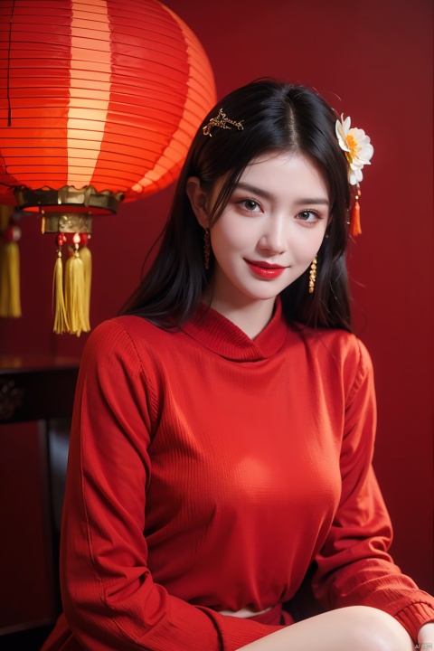  1girl,(solo:1.2),(Half-length photo:1.2),red sweater,sweater,sitting,grin,smile,chinese new year,jewelry,tassel,lantern,make up,hair ornament,(realistic,4K resolution,masterpiece,top quality,best quality,official art,beautiful and aesthetic),photorealistic,red background,paper lantern,eastern dragon