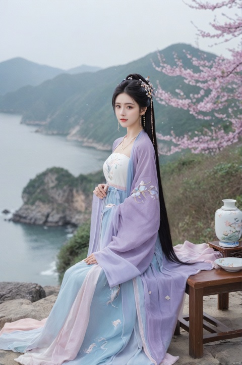  (Masterpiece:1.2), best quality, (huge and full breasts:1.99), (full breasts:1.58), necklace, Tree, Outdoor, Flower Sea, Cliff Edge, full body, daxiushan
1girl, long hair, breasts, looking at viewer, black hair, hair ornament, long sleeves, dress, indoors, wide sleeves, purple-blue-green dress, chinese clothes, table, realistic, hanfu, daxiushan,daxiushan style, monkren, FilmGirl