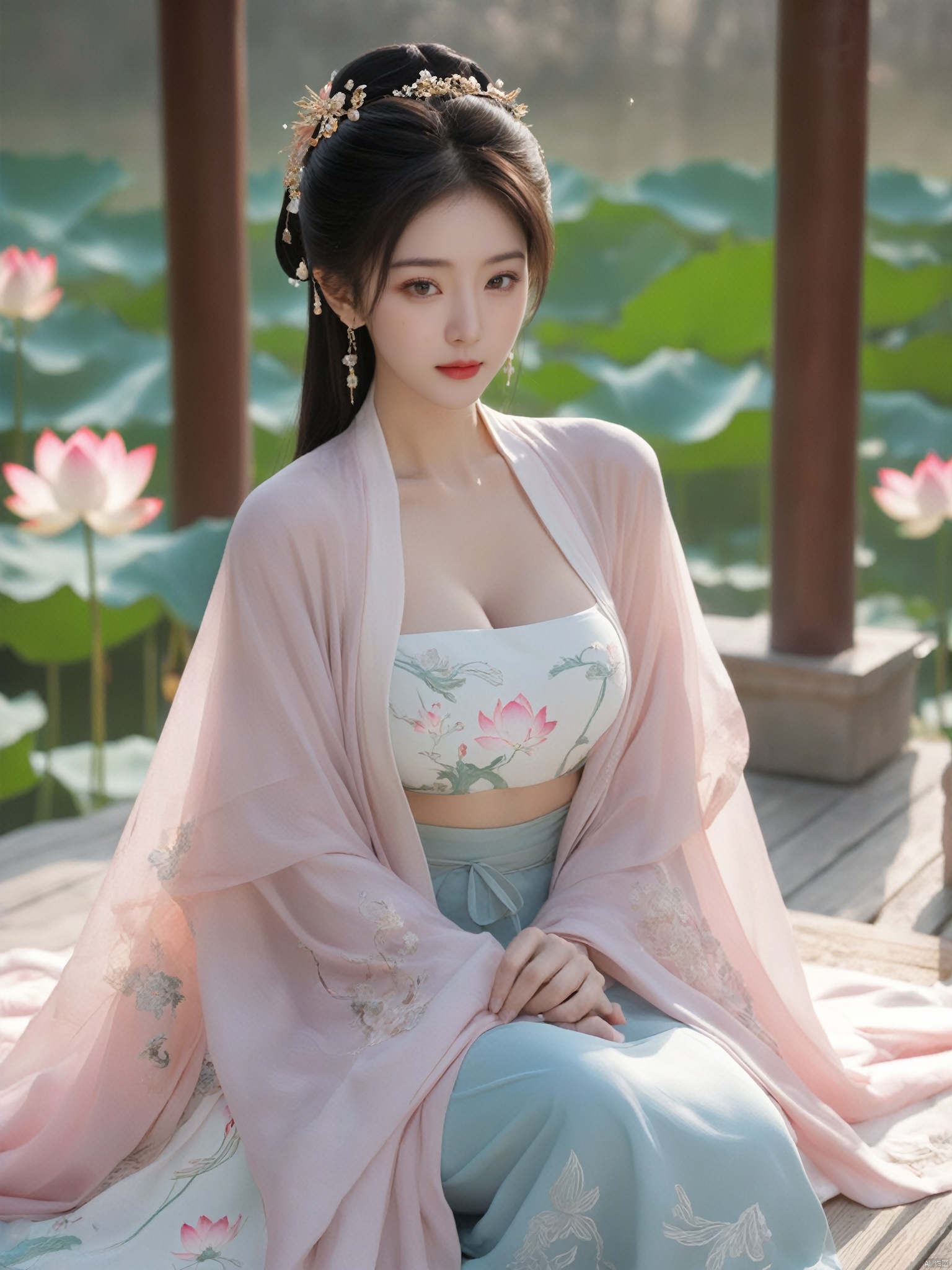  Best quality, Realistic, photorealistic, masterpiece, extremely detailed CG unity 8k wallpaper, best illumination, best shadow, huge filesize ,(huge breasts:2.2), incredibly absurdres, absurdres, looking at viewer, transparent, smog, gauze, vase, petals, room, ancient Chinese style, detailed background, wide shot background,
(((1gilr,black hair))),(Sitting on the lotus pond porch:1.39) ,(huge breasts:2.3),(A pond full of pink lotus flowers:1.3),close up of 1girl,Hairpins,hair ornament,hair wings,slim,narrow waist,(huge breasts:2.33),perfect eyes,beautiful perfect face,pleasant smile,perfect female figure,detailed skin,charming,alluring,seductive,erotic,enchanting,delicate pattern,detail,delicate intricate fabrics,
Morning Serenade In the gentle morning glow, (a woman in a pink lotus-patterned Hanfu stands in an indoor courtyard:1.26),admiring the tranquil garden scenery. The lotus-patterned Hanfu, embellished with silver-thread embroidery, is softly illuminated by the morning light, with a blurred background to enhance the peaceful atmosphere,(huge breasts:2.39), monkren, MAJICMIX STYLE