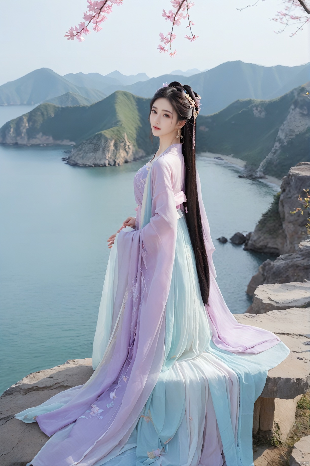  (Masterpiece:1.2), best quality, (huge and full breasts:1.99), (full breasts:1.58), necklace, Tree, Outdoor, Flower Sea, Cliff Edge, full body, daxiushan
1girl, long hair, breasts, looking at viewer, black hair, hair ornament, long sleeves, dress, indoors, wide sleeves, purple-blue-green dress, chinese clothes, table, realistic, hanfu, daxiushan,daxiushan style, monkren, FilmGirl
