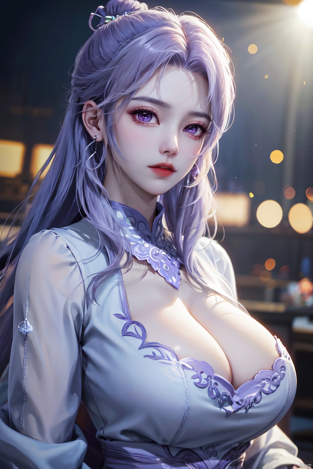  best quality,masterpiece,Yunxiao_Fairy,1girl,solo,long hair,looking at viewer,jewelry,closed mouth,purple eyes,upper body,purple hair,earrings,blurry,blurry background,sunlight,red lips,(big breasts:1.39)