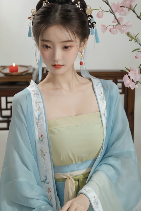  (masterpiece, top quality, best quality, official art, beautiful and aesthetic:1.2),gf-hd, 1girl, solo, hair ornament, jewelry,hanfu dress, blue dress, earrings, chinese clothes, brown hair, ribbon, hanfu, red ribbon, shawl, song_hanfu,(big breasts:1.89), monkren