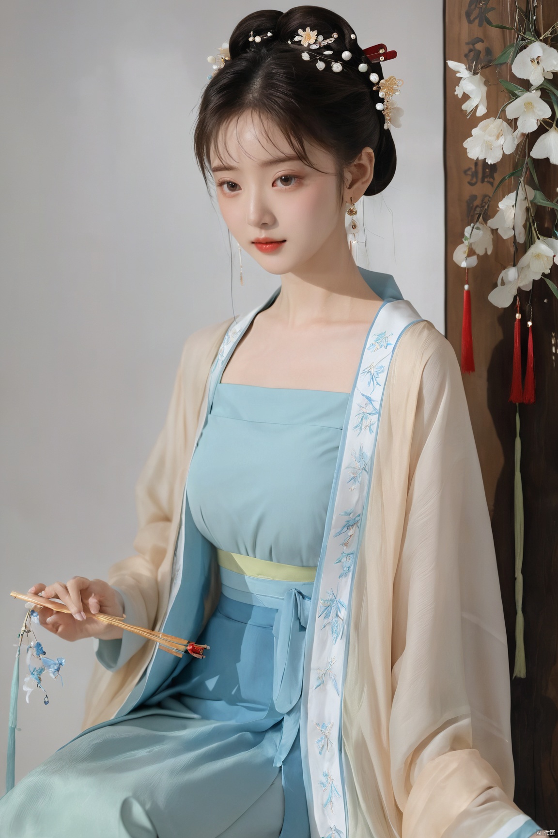  (masterpiece, top quality, best quality, official art, beautiful and aesthetic:1.2),gf-hd, 1girl, solo, hair ornament, jewelry,hanfu dress, blue dress, earrings, chinese clothes, brown hair, ribbon, hanfu, red ribbon, shawl, song_hanfu,(big breasts:1.89), monkren
