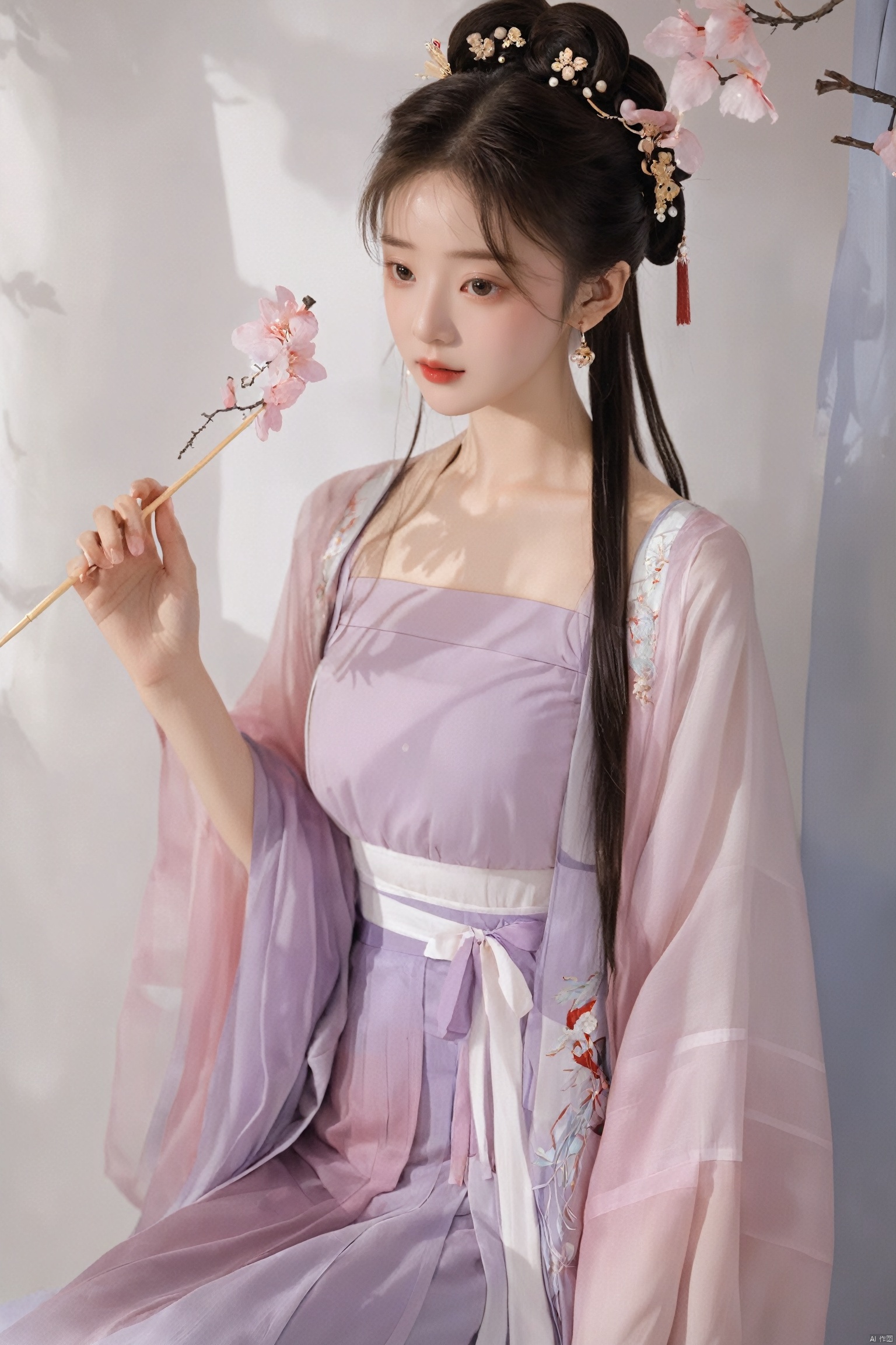  (masterpiece, top quality, best quality, official art, beautiful and aesthetic:1.2),gf-hd, 1girl, solo, hair ornament, jewelry,hanfu dress, purple dress, earrings, chinese clothes, brown hair, ribbon, hanfu, red ribbon, shawl, song_hanfu,(big breasts:1.69), monkren