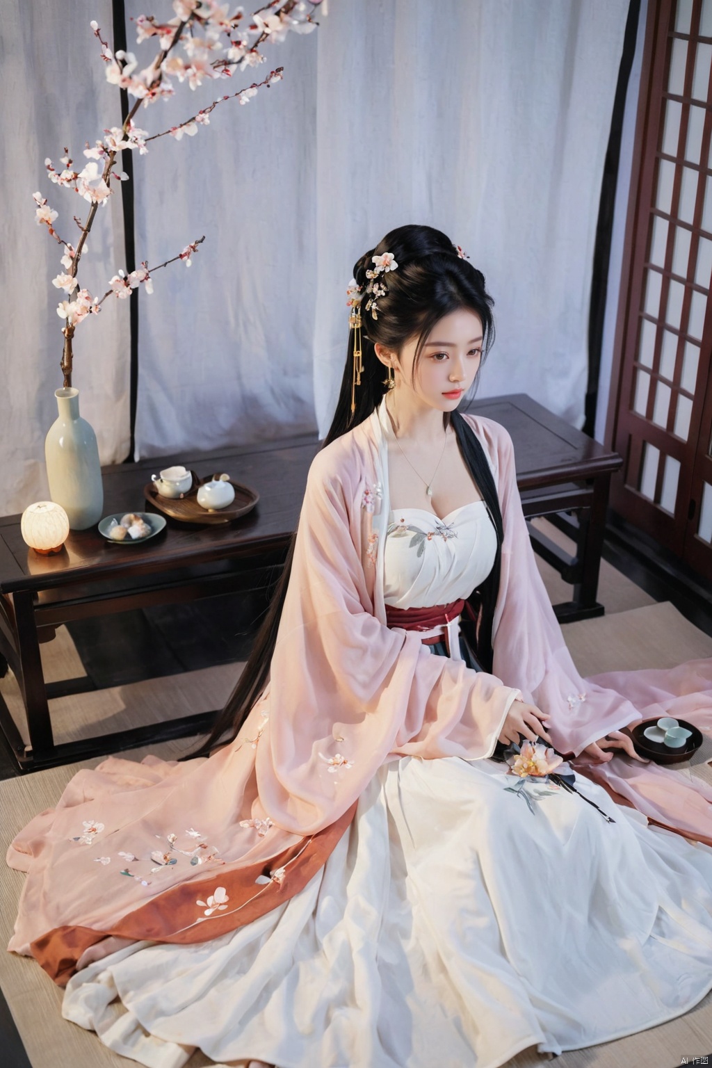  1girl, solo, long hair, black hair,Hairpins,necklace, hair ornament, dress, full body, flower, earrings, indoors, hair bun, (white-black dress),(Tube top Hanfu long skirt:1.1), pillow, bed, night, chinese clothes, table, branch,daxiushan, ,daxiushan style,(huge breasts:1.99), (full breasts:1.59), realistic,hanfu, daxiushan,Shoulders are exposed, , daxiushan, arien_hanfu, FilmGirl