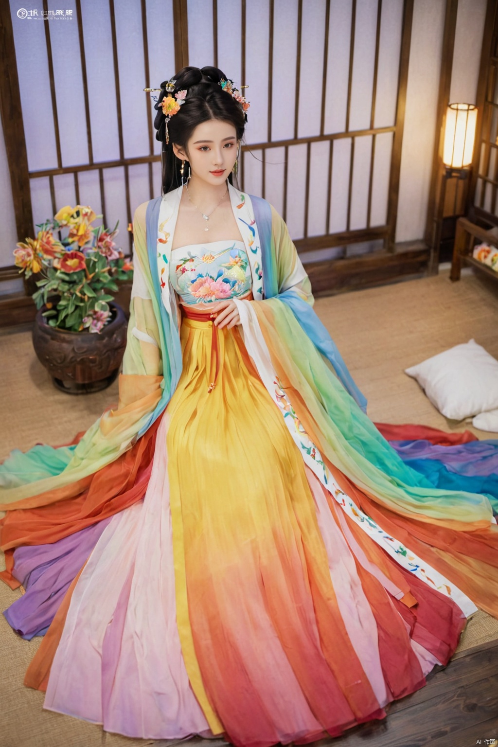  1girl, solo, long hair, black hair,Hairpins,necklace, hair ornament, dress, full body, flower, earrings, indoors, hair bun, (Seven-color rainbow gradient color dress),(Tube top Hanfu long skirt:1.1), pillow, bed, night, chinese clothes, table, branch,daxiushan, ,daxiushan style,(huge breasts:1.99), (full breasts:1.69), realistic,hanfu, daxiushan,Shoulders are exposed, , daxiushan, arien_hanfu, FilmGirl