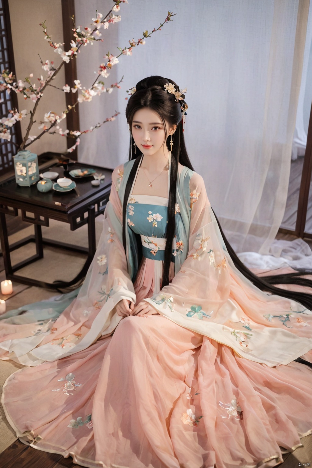  1girl, solo, long hair, black hair,Hairpins,necklace, hair ornament, dress, full body, flower, earrings, indoors, hair bun, (Laser color dress),(Tube top Hanfu long skirt:1.1), pillow, bed, night, chinese clothes, table, branch,daxiushan, ,daxiushan style,(huge breasts:1.99), (full breasts:1.59), realistic,hanfu, daxiushan,Shoulders are exposed, , daxiushan, arien_hanfu, FilmGirl