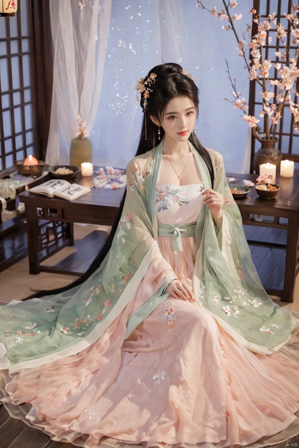  1girl, solo, long hair, black hair,Hairpins,necklace, hair ornament, dress, full body, flower, earrings, indoors, hair bun, (Tulle dress),(Tube top Hanfu long skirt:1.1), pillow, bed, night, chinese clothes, table, branch,daxiushan, ,daxiushan style,(huge breasts:1.99), (full breasts:1.59), realistic,hanfu, daxiushan,Shoulders are exposed, , daxiushan, arien_hanfu, FilmGirl