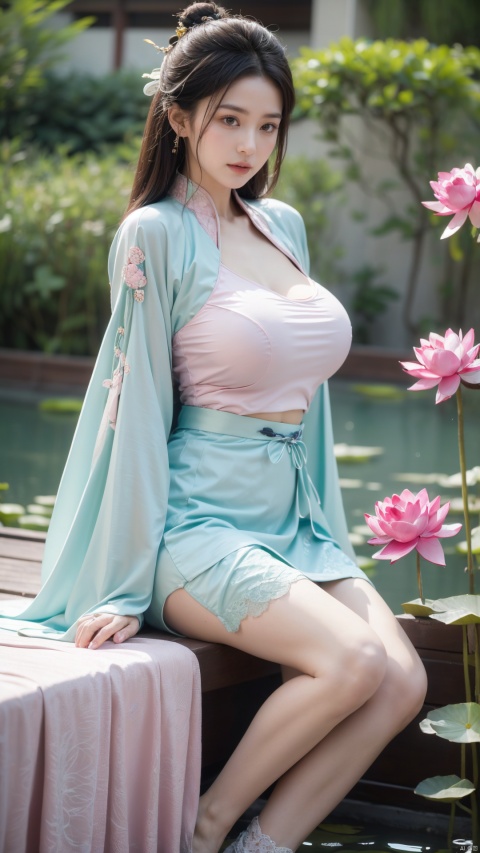  (1girl:1.1), (Lace green skirt:1.39), on Stomach,aqua_earrings,Lights, lanterns, chang,(big breasts:1.56),hanfu, Best quality, Realistic, photorealistic, masterpiece, extremely detailed CG unity 8k wallpaper, best illumination, best shadow, huge filesize ,(huge breasts:1.59) incredibly absurdres, absurdres, looking at viewer, transparent, smog, gauze, vase, petals, room, ancient Chinese style, detailed background, wide shot background,
(((black hair))),(Sitting on the lotus pond porch:1.49) ,(A pond full of pink lotus flowers:1.5),close up of 1girl,Hairpins,hair ornament,hair wings,slim,narrow waist,perfect eyes,beautiful perfect face,pleasant smile,perfect female figure,detailed skin,charming,alluring,seductive,erotic,enchanting,delicate pattern,detailed complex and rich exquisite clothing detail,delicate intricate fabrics,
Morning Serenade In the gentle morning glow, (a woman in a pink lotus-patterned Hanfu stands in an indoor courtyard:1.36),(Chinese traditional dragon and phoenix embroidered Hanfu:1.3), admiring the tranquil garden scenery. The lotus-patterned Hanfu, embellished with silver-thread embroidery, is softly illuminated by the morning light. The light mint green Hanfu imparts a sense of calm and freshness, adorned with delicate lotus patterns, with a blurred background to enhance the peaceful atmosphere,X-Yunxiao, Yunxiao_Fairy,X-ziling,Xlanlinge