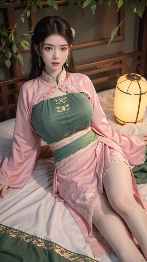  1girl, (Lace pink|green skirt:1.45), on Stomach, lying down, bed,aqua_earrings,Lights, lanterns, chang,(big breasts:1.56),hanfu, (antique cheongsam), (Chinese round fans), ll-hd, shidudou,(midi skirt:1.1), QIPAO, taoist robe, hy, han style