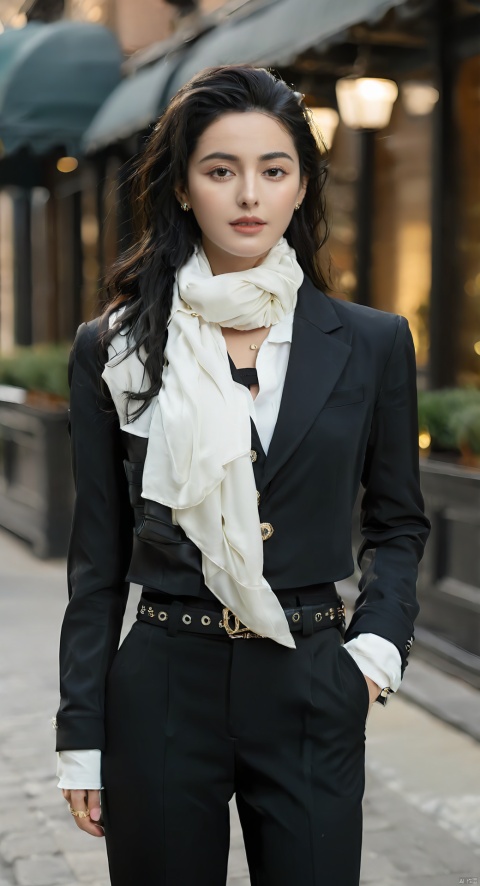  1girl,scarf,long hair,pants,solo,ring,jewelry,black pants,shirt,belt,hand in pocket,white shirt,blurry,blurry background,looking at viewer,black hair,brown eyes,formal,white scarf,standing,black jacket,realistic,lips,buttons,cowboy shot,outdoors,long sleeves,pant suit,monkren,(big breasts:1.2)
