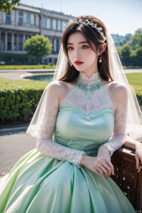  1girl,green wedding dress, (masterpiece, top quality, best quality, official art, beautiful and aesthetic:1.2)