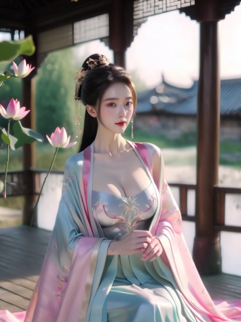  Best quality, Realistic, photorealistic, masterpiece, extremely detailed CG unity 8k wallpaper, best illumination, best shadow, huge filesize ,(huge breasts:2.2), incredibly absurdres, absurdres, looking at viewer, transparent, smog, gauze, vase, petals, room, ancient Chinese style, detailed background, wide shot background,
(((1gilr,black hair))),(Sitting on the lotus pond porch:1.39) ,(huge breasts:2.3),(A pond full of pink lotus flowers:1.3),close up of 1girl,Hairpins,hair ornament,hair wings,slim,narrow waist,(huge breasts:2.3),perfect eyes,beautiful perfect face,pleasant smile,perfect female figure,detailed skin,charming,alluring,seductive,erotic,enchanting,delicate pattern,detail,delicate intricate fabrics,
Morning Serenade In the gentle morning glow, (a woman in a pink lotus-patterned Hanfu stands in an indoor courtyard:1.26),admiring the tranquil garden scenery. The lotus-patterned Hanfu, embellished with silver-thread embroidery, is softly illuminated by the morning light, with a blurred background to enhance the peaceful atmosphere,(huge breasts:2.39), monkren, MAJICMIX STYLE