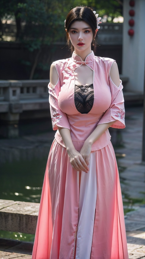  (pink printed chinese upshirt:1.1),
BREAK,
(blue long skirt:1.1),1 girl,(big breasts:1.8), high heels,(short hair:1.1), (realistic:1.7),((best quality)),absurdres,(ultra high res),full body,(photorealistic:1.6),photorealistic,octane render,(hyperrealistic:1.2), (big breasts:1.8), (photorealistic face:1.2), (8k), (4k), (Masterpiece),(realistic skin texture), (illustration, cinematic lighting,wallpaper),( beautiful eyes:1.2),((((perfect face)))),(cute),(standing),(black hair),(short hair), (outdoors), , long skirt, QIPAO,, (big breasts:1.8),1girl