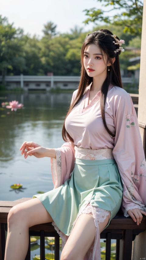  (1girl:1.1), (Lace green skirt:1.39), on Stomach,aqua_earrings,Lights, lanterns, chang,(big breasts:1.56),hanfu, Best quality, Realistic, photorealistic, masterpiece, extremely detailed CG unity 8k wallpaper, best illumination, best shadow, huge filesize ,(huge breasts:1.59) incredibly absurdres, absurdres, looking at viewer, transparent, smog, gauze, vase, petals, room, ancient Chinese style, detailed background, wide shot background,
(((black hair))),(Sitting on the lotus pond porch:1.49) ,(A pond full of pink lotus flowers:1.5),close up of 1girl,Hairpins,hair ornament,hair wings,slim,narrow waist,perfect eyes,beautiful perfect face,pleasant smile,perfect female figure,detailed skin,charming,alluring,seductive,erotic,enchanting,delicate pattern,detailed complex and rich exquisite clothing detail,delicate intricate fabrics,
Morning Serenade In the gentle morning glow, (a woman in a pink lotus-patterned Hanfu stands in an indoor courtyard:1.36),(Chinese traditional dragon and phoenix embroidered Hanfu:1.3), admiring the tranquil garden scenery. The lotus-patterned Hanfu, embellished with silver-thread embroidery, is softly illuminated by the morning light. The light mint green Hanfu imparts a sense of calm and freshness, adorned with delicate lotus patterns, with a blurred background to enhance the peaceful atmosphere,X-Yunxiao, Yunxiao_Fairy
