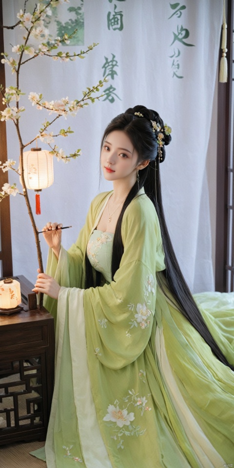  1girl, solo, long hair, black hair,Hairpins,necklace, hair ornament, dress, full body, flower, earrings, indoors, hair bun, (light green dress),(Tube top Hanfu long skirt:1.1), pillow, bed, night, chinese clothes, table, branch,daxiushan, ,daxiushan style,(huge breasts:1.99), (full breasts:1.69), realistic,hanfu, daxiushan,Shoulders are exposed, , daxiushan, arien_hanfu,