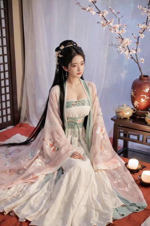  1girl, solo, long hair, black hair,Hairpins,necklace, hair ornament, dress, full body, flower, earrings, indoors, hair bun, (white-black dress),(Tube top Hanfu long skirt:1.1), pillow, bed, night, chinese clothes, table, branch,daxiushan, ,daxiushan style,(huge breasts:1.99), (full breasts:1.59), realistic,hanfu, daxiushan,Shoulders are exposed, , daxiushan, arien_hanfu, FilmGirl