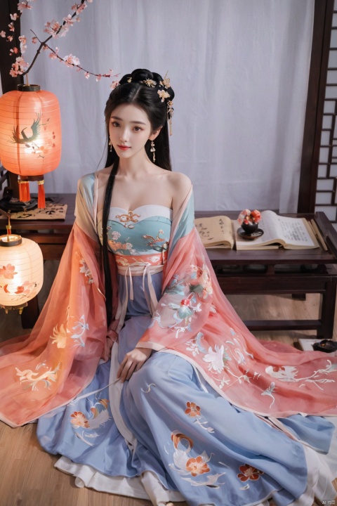  1girl, solo, long hair, black hair,Hairpins,necklace, hair ornament, dress, full body, flower, earrings, indoors, hair bun, (Dragon and phoenix pattern embroidery dress),(Tube top Hanfu long skirt:1.1), pillow, bed, night, chinese clothes, table, branch,daxiushan, ,daxiushan style,(huge breasts:1.99), (full breasts:1.59), realistic,hanfu, daxiushan,Shoulders are exposed, , daxiushan, arien_hanfu, FilmGirl