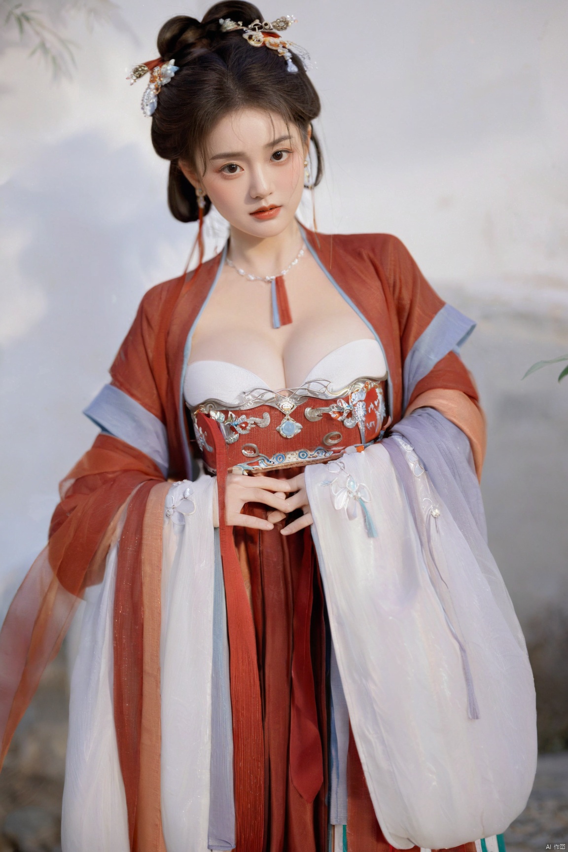  (masterpiece, top quality, best quality, official art, beautiful and aesthetic:1.2),gf-hd, 1girl, solo, hair ornament, jewelry,hanfu dress, red dress, earrings, chinese clothes, brown hair, ribbon, hanfu, red ribbon, shawl, song_hanfu,(big breasts:1.59), monkren