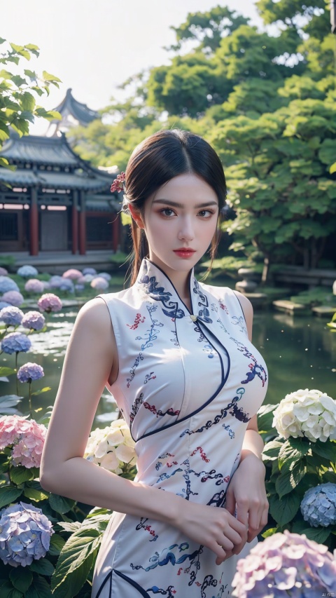  1girl,front,mottledsunlight,hydrangea flowers field,photoparticle,refracted light,light particles,sparkle,backlighting,hydrangea flower,china dress\(haihang\),lingxing, (big breasts:1.6),(Ancient Chinese architecture, Suzhou gardens, gardens full of flowers:1.3)